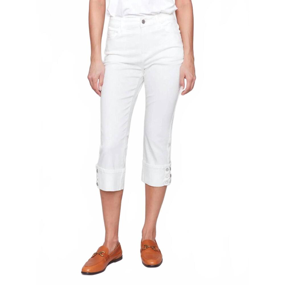 NEW CHARLIE B women's 5-pocket jeans with snap detail on hem in white